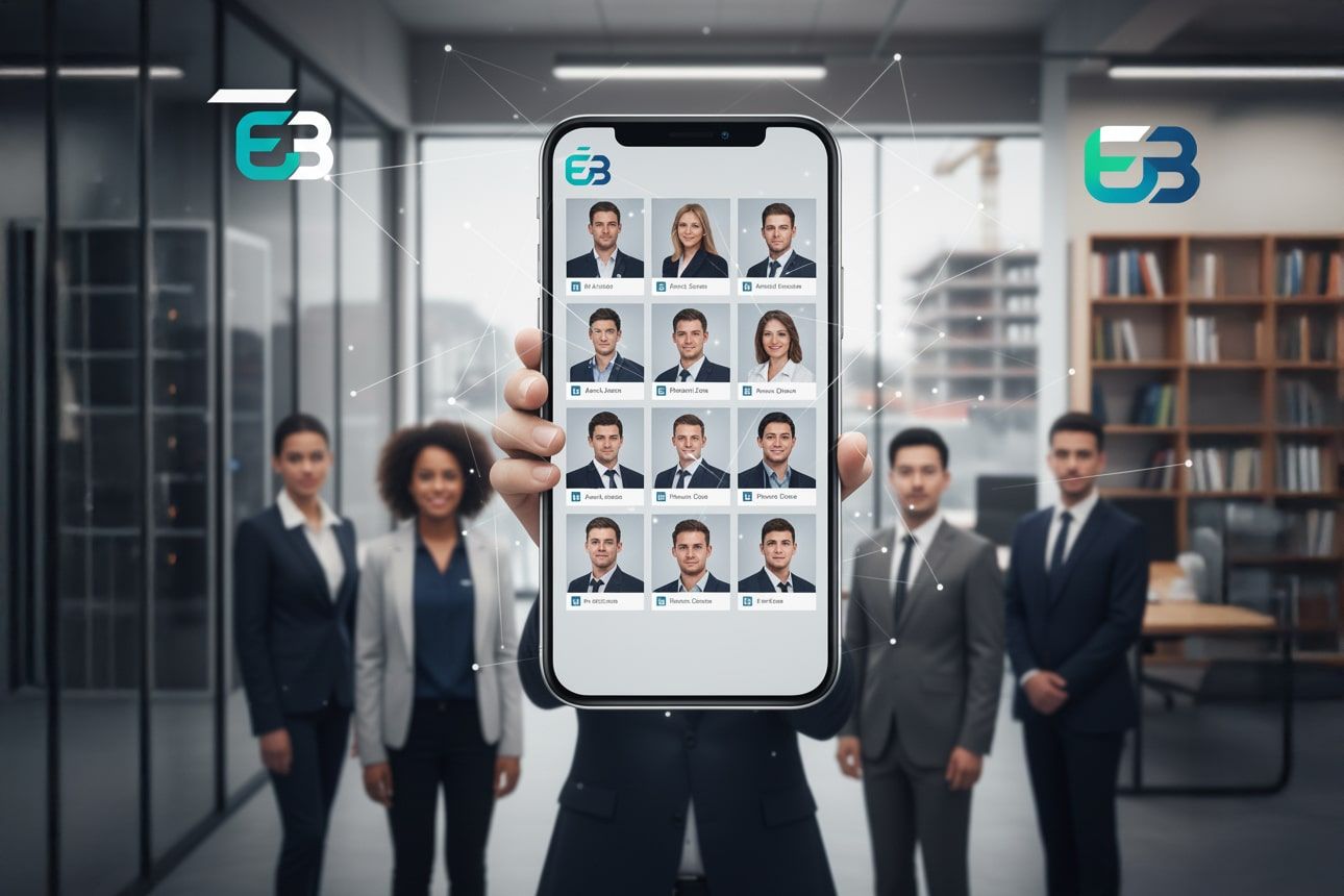 Concept employer branding: een hand houdt een smartphone omhoog met daarop een raster van uniforme LinkedIn-profielfoto's van medewerkers