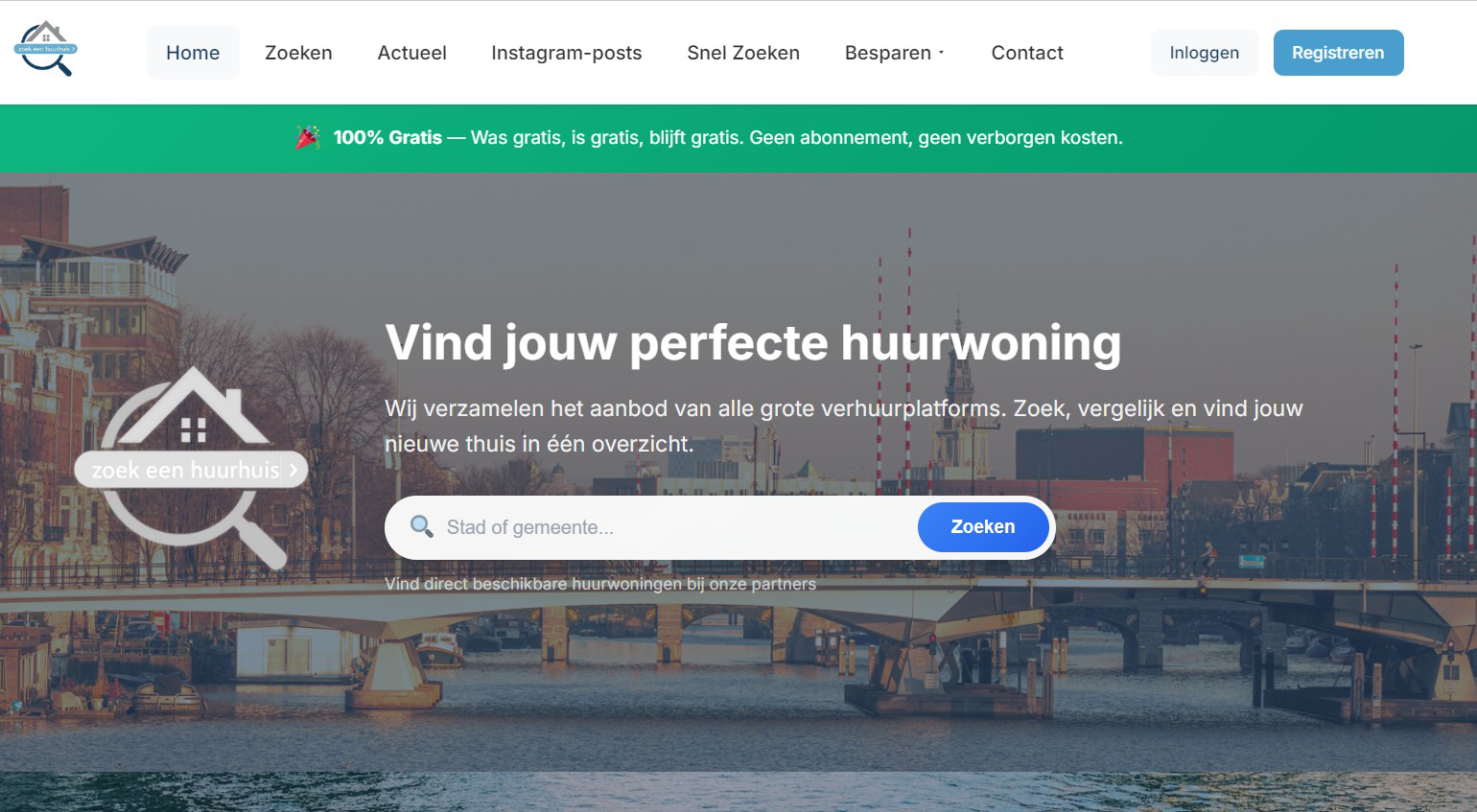 Screenshot van de website van Zoek een Huurhuis