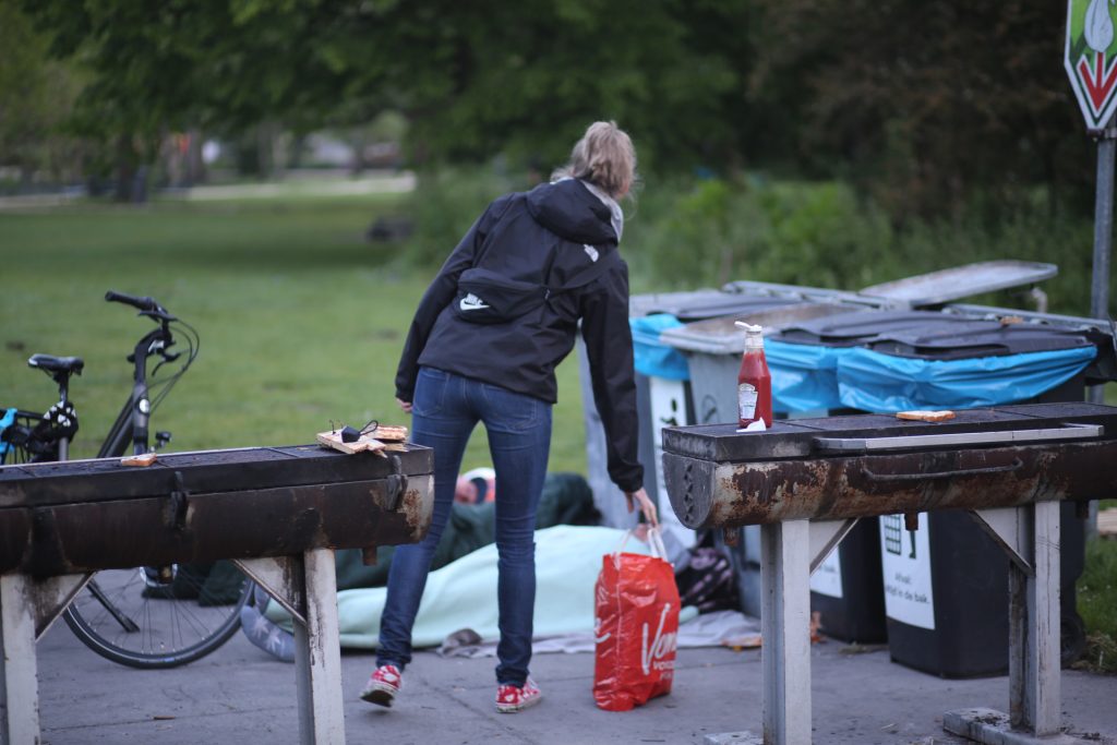 Veldwerk foto: Vrouw bij barbecue met ketchup en boodschappentas in park. Joep van Drunen Photography