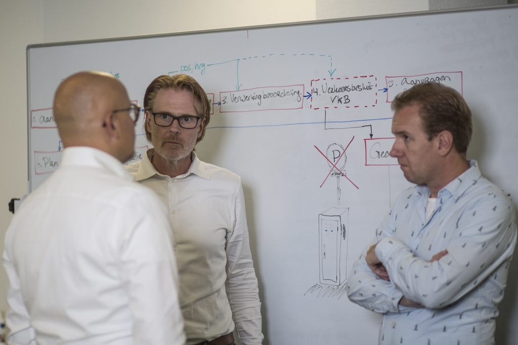 Drie mensen bespreken een schema op een whiteboard. Zakelijk overleg, proces optimalisatie. Joep van Drunen Photography