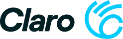 Claro logo. Donkergroen woord 'Claro' naast een blauw wifi-achtig symbool. Claro is een telecombedrijf.