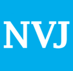 NVJ logo. Witte letters 'NVJ' op een helderblauwe achtergrond. Grafisch ontwerp voor de Nederlandse Vereniging van Journalisten.