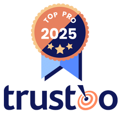 Trustoo logo met 'Top Pro 2025' badge. Betrouwbaarheidskeurmerk met sterren en linten. Grafisch ontwerp voor online vertrouwensplatform.